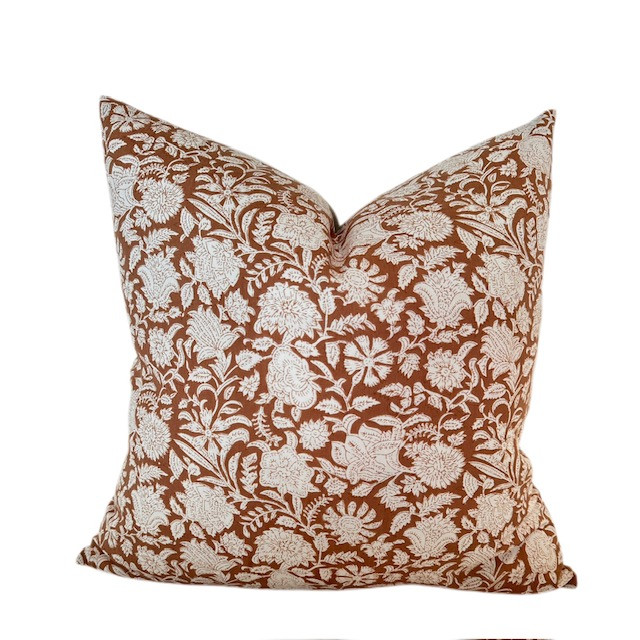 Floria 20 x 20 Block Print Pillow - Pure Natural Linen - Front