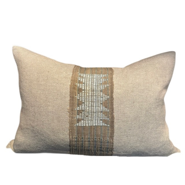 Jade Lumbar 1420 - Linen and Vintage Textile Pillow -Front
