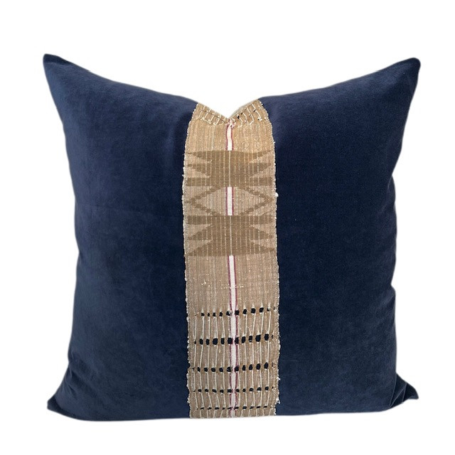 Rome Pillow 22 - Navy Cotton Velvet, Natural Linen and Luxe Vintage Textiles : Front