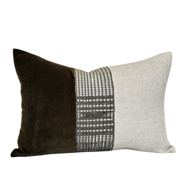 Milan Lumbar 1420 - Pure Linen, Heritage Vintage Textile,  Olive Cotton Velvet Pillow - Front