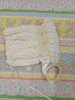 A pretty bonnet with petal and spot lace, Sized to fit 3-6 months, Made in Rice coloured imperial batiste, Wash at 30 degrees