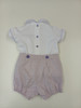 A lovely little button on suit, Size 6-12 month, wisteria coloured hand smocking, wisteria piping, Plum coloured button on pants, Elastic back waistband, Elasticated round the legs, Shirt made from 100% cotton poplin, Pants made from 100% sun-washed chambray, Wash at 30 degrees, 