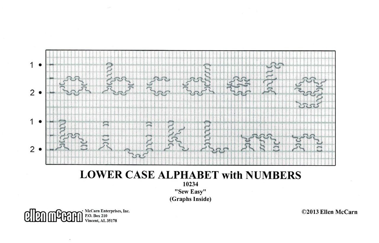 Lower Case Alphabet with Numbers Smocking plate by Ellen McCarn, Ideal for making monograms or names in your smocking, 'Sew Easy' level with the graphs inside 