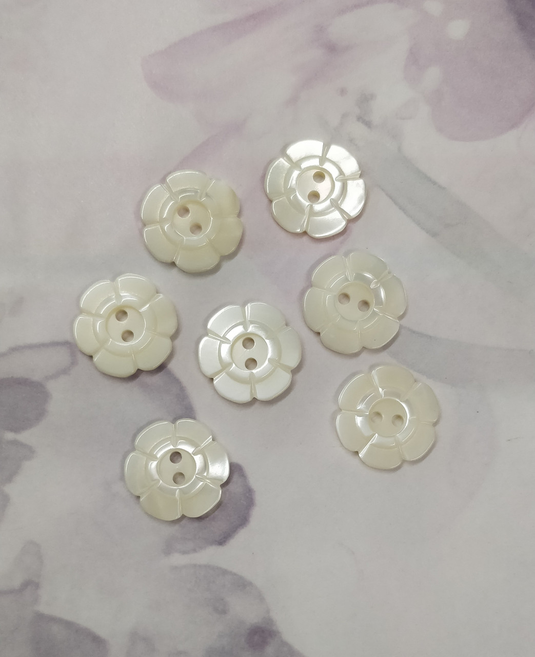 Beautiful mother of pearl buttons, Ideal for those special projects,  , dresses and more, Flower inlay design with 2 holes, Size 24, 15 mm Priced per button, Last of the stock