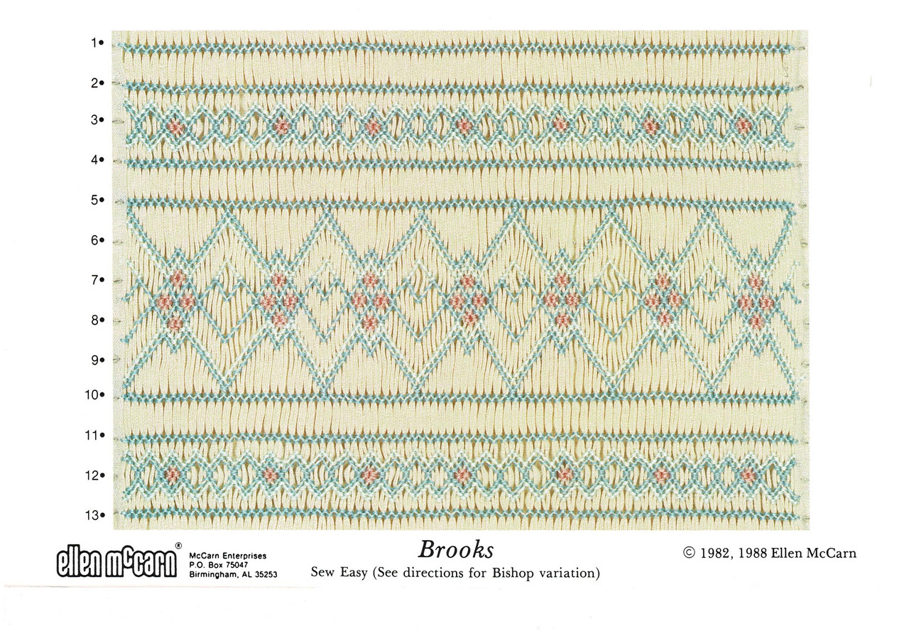 Brooks smocking plate by Ellen McCarn, Suitable for a square yoke dress or insert, Variation for a bishop, Some experience needed