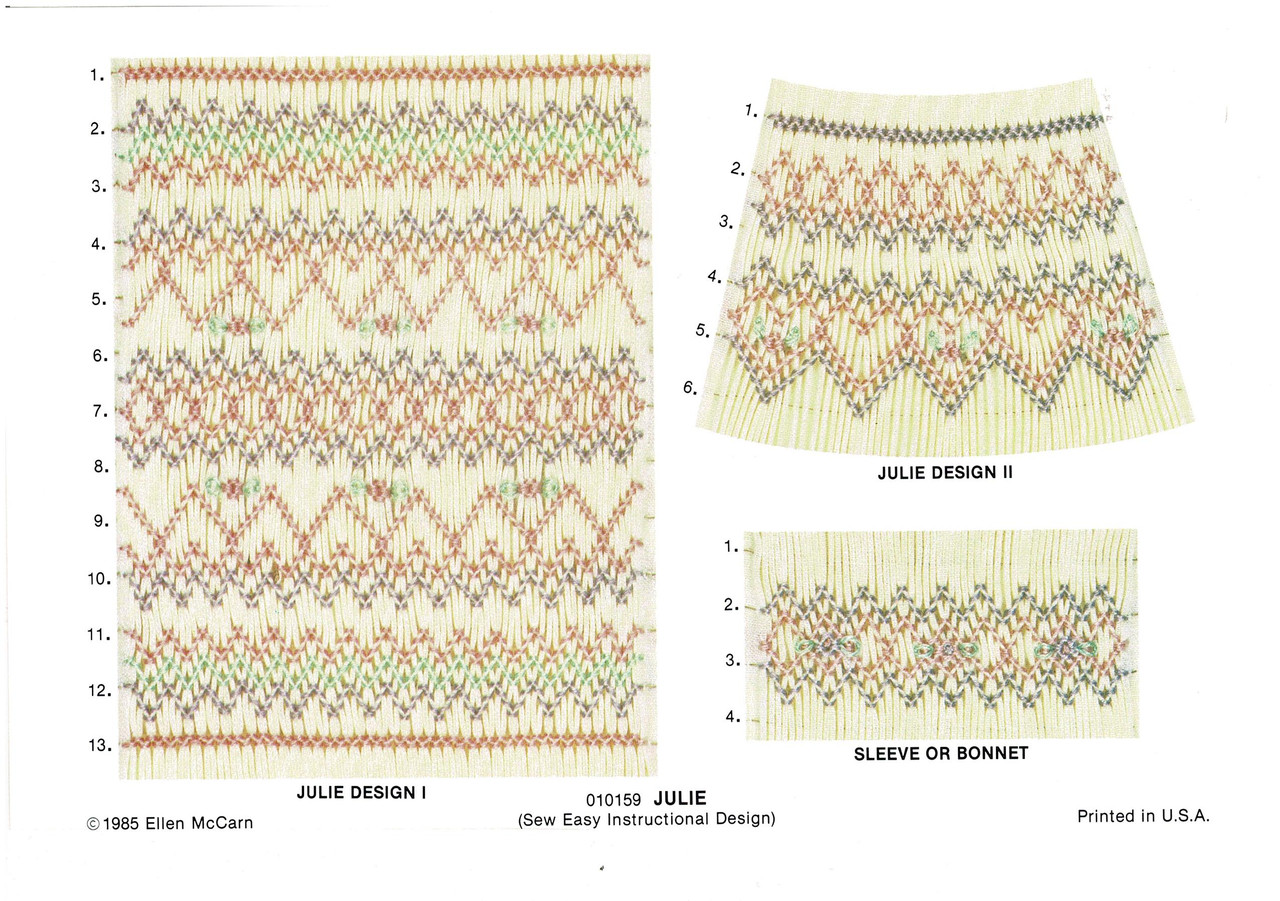 Julie smocking plate by Ellen McCarn, Three designs for bodice, Bishop, sleeve or bonnet, Suitable for a square yoke, bishop dress or insert, A straight forward design, Suitable for a beginner

 