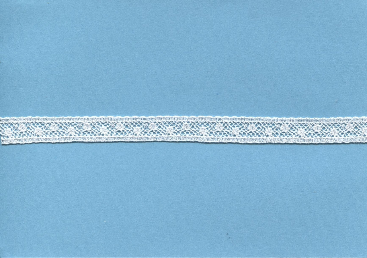 Shown here in white, A narrow insertion lace, ideal for using to attach to ribbon hole lace, beading or edging lace or straight to fabric, a very useful simple pattern which goes well with other laces, 
1 cm wide, 95% cotton 5% nylon, Available in White, Off White and Ecru, Priced per metre