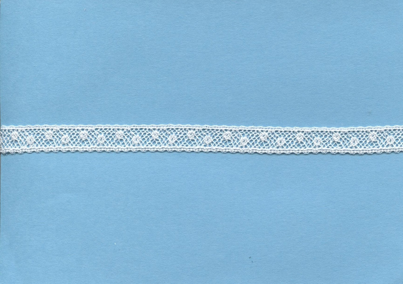 Shown here in off white, A narrow insertion lace, ideal for using to attach to ribbon hole lace, beading or edging lace or straight to fabric, a very useful simple pattern which goes well with other laces, 1 cm wide, 95% cotton 5% nylon, Available in White, Off White and Ecru, Priced per metre