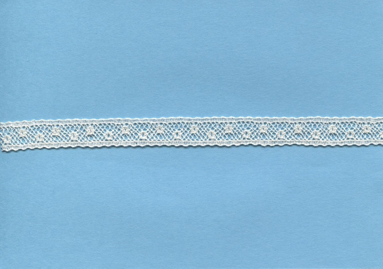 Shown here in ecru, A narrow insertion lace, ideal for using to attach to ribbon hole lace, beading or edging lace or straight to fabric, a very useful simple pattern which goes well with other laces, 1 cm wide, 95% cotton 5% nylon, Available in White, Off White and Ecru, Priced per metre