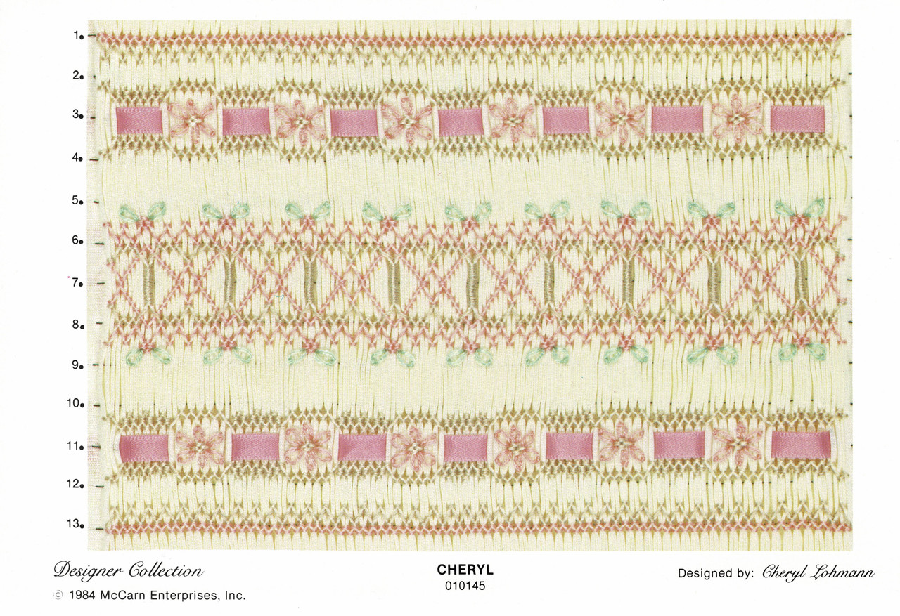 A geometric smocking plate from the designer collection by Cheryl Lohmann, A really pretty smocking design with ribbon interwoven, This design is for an experience smocker