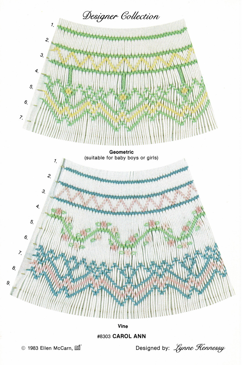 Two very pretty geometric smocking plates from the designer collection by Lynne Hennessy by Ellen McCarn, Geometric design suitable for boys or girls
Alternative design with a pretty vine design