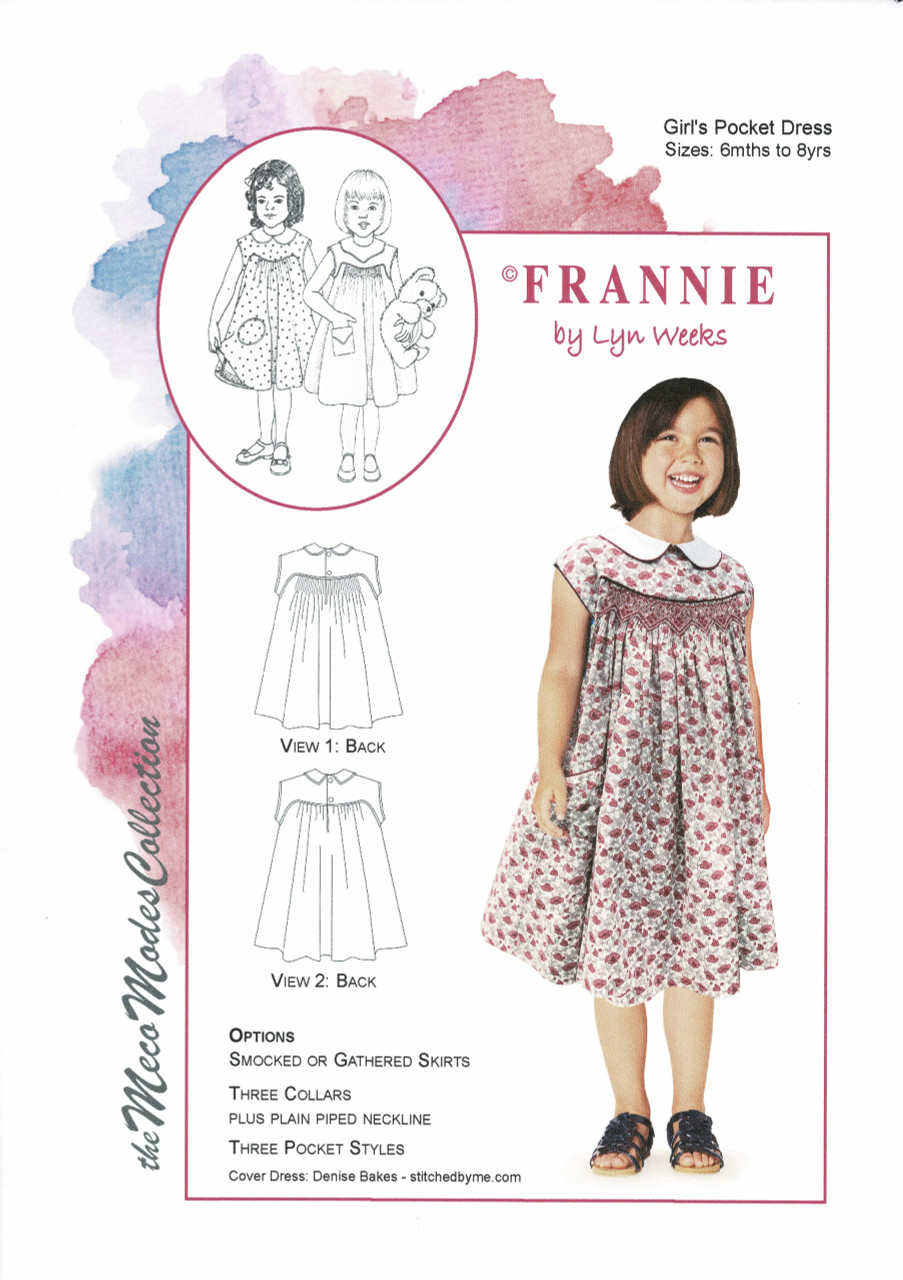 Frannie Pocket dress by Lyn Weeks, Sizes 6 month to 8 years, Smocked or gathered skirt, Three collar styles, Three Pocket styles