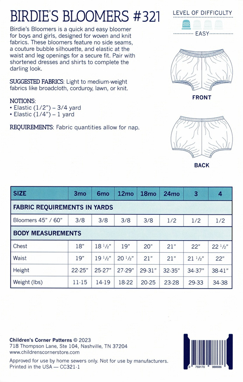 Birdie's Bloomers - knicker pattern, Notions, A quick and easy pattern for both boys and girls, No side seams for a couture silhouette, Size 3 months to 4 years