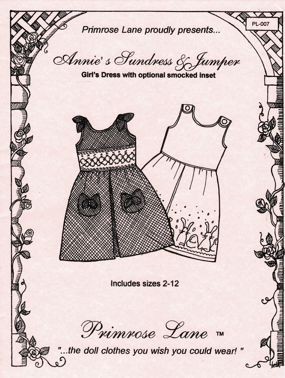 Annie's Sundress and Jumper, A lovely easy to assemble sleeveless sundress, Simple ties or buttons at the shoulder, 
Smocked or un-smocked version, Option to add piping, Sizes 2, 3-4, 5-6, 7-8, 10 & 10 years