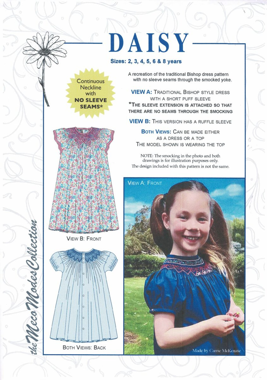 New Daisy seamless smocked bishop pattern, Sizes 2,3,4,5,6 & 8, This is a new creation of a bishop, No sleeve seams, Traditional bishop style, Short or puffed sleeve, Can be worn as a dress or top

