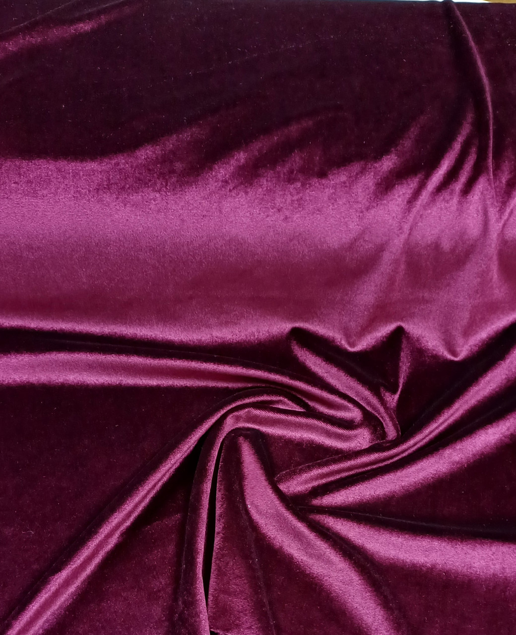 A lovely soft pliable velvet, 148 cm wide, Ideal for winter dresses, 95% poly 5% spandex, Wash at 30 degrees, Priced per metre, Pleat in half spaces, Use a walking foot for ease of sewing, fabric darker then photo suggests