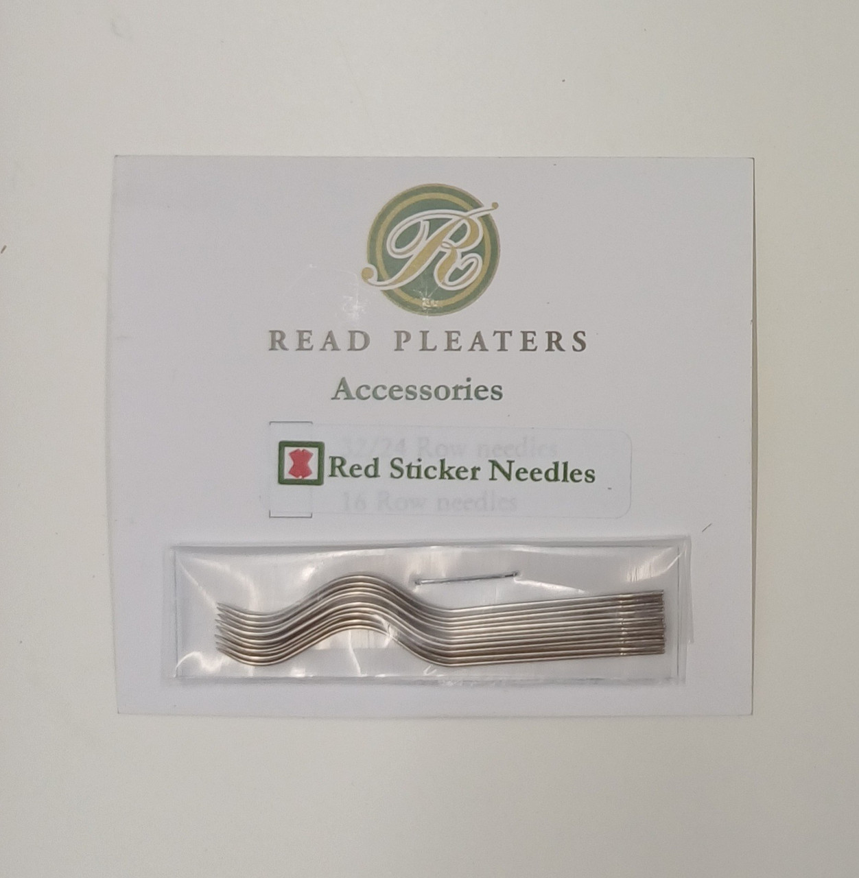 Pack of 12 original pleater needles suitable for the Read Red sticker Pleater, If unsure which needles you need, please make contact before ordering, Pleater needles are relatively fragile and will break when the machine is under stress.  Therefore there is no guaranteed against breakages or bending