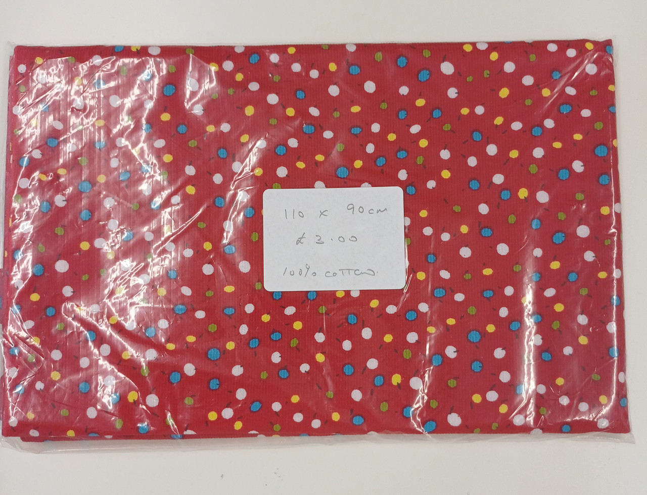 End of roll piece of Red dotty needlecord, 100% cotton, 90 cm x 110 cm, Wash at 30 degrees