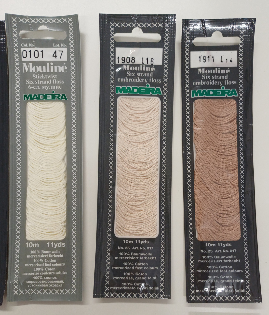 10 Mouline Madeira Six Strand embroidery floss numbers, 0101 L23, 0513 0815, 1312 L18, 1412 0905, 1713 L16, 1709 L15, 1908 L16, 1911 L14, 2007 L20,2009 L17,
2 x Mouline Stick Twist six strand floss numbers 0101 47, 1 x Metallic thread number 4 colour 4015, 1 x Silk embroidery floss 0206 11