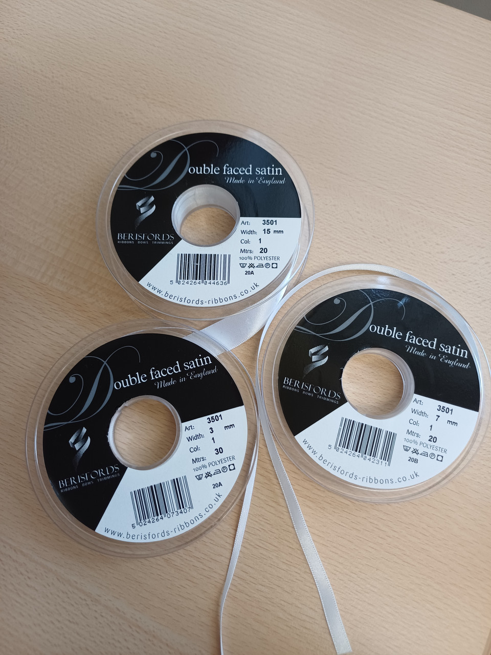 White double faced satin ribbon, sizes 3mm, 7mm and 15mm, Priced per metre
