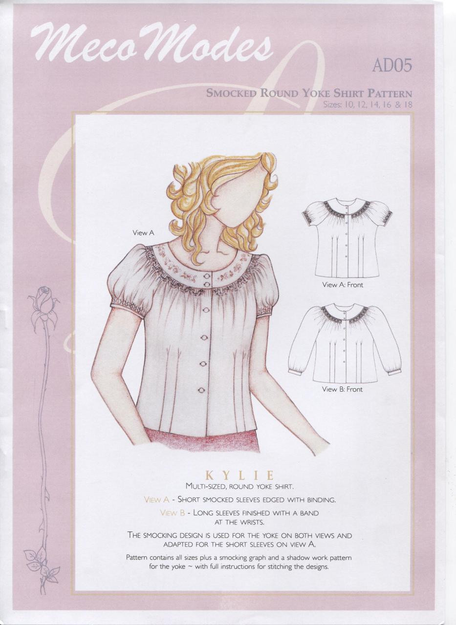 A lovely simple smocked round yoke shirt pattern by Meco Modes, View A - Short smocked sleeves edged with binding, View B - Long sleeve finished with a band at the wrists, The smocking design is used for the yoke on both views and adapted for the short sleeves on view A, Pattern contains all sizes plus a smocking graph and a shadow work pattern for the yoke, With full instructions for stitching the designs, Mutli- size pattern 10,12,14,16 & 18, No dots included, Order Silver smocking dots 'K' , Due back in soon