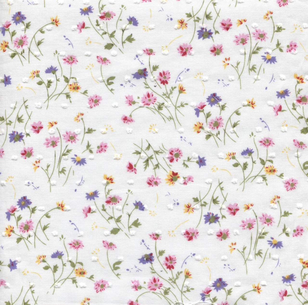 This is a lovely Spring Flower Corsage fabric in 100% cotton with tufts like cut spot.  A lovely soft fabric ideal for children's dresses, blouses, nightwear and more, Smocks beautifully, 140 cm wide. Priced per metre,  
Matching pipings are Wisteria and Pink Crocus, Matching threads DMC 210 603 743 368
