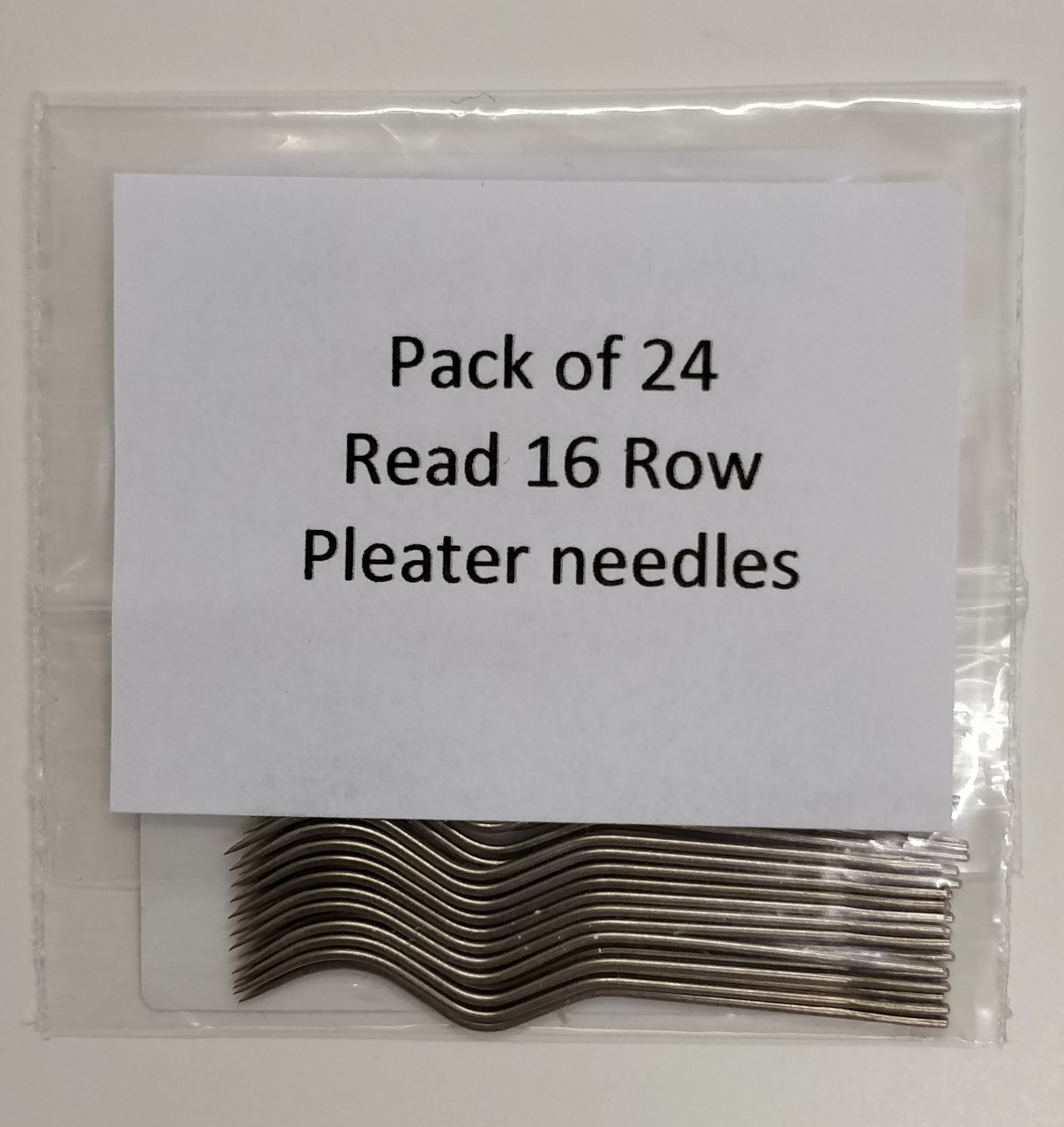 Pack 24 Replacement Pleater Needles for the Read 16 Row Pleater - do not mix needles - if in doubt please send me one of your old needles for me to match to, can be used in the Pullen pleater, Pleater needles are relatively fragile and will break when the machine is under stress, Therefore, there is no guarantee against breakages or bending 