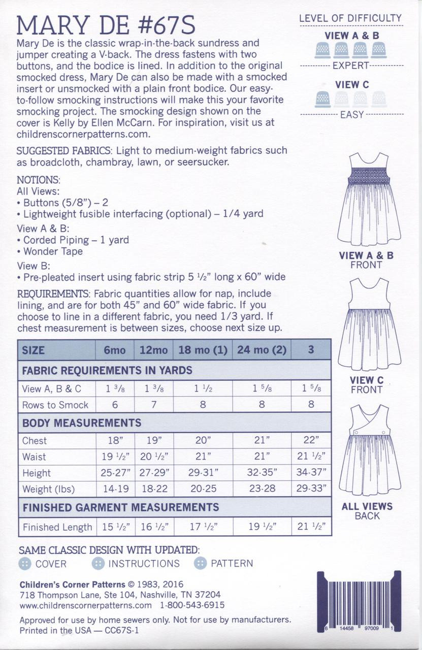 New Mary De smocking pattern size 6 month -3 years - notions