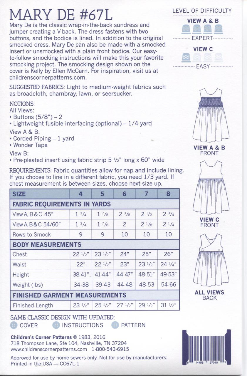 New Mary De smocking pattern size 4-8 years - notions