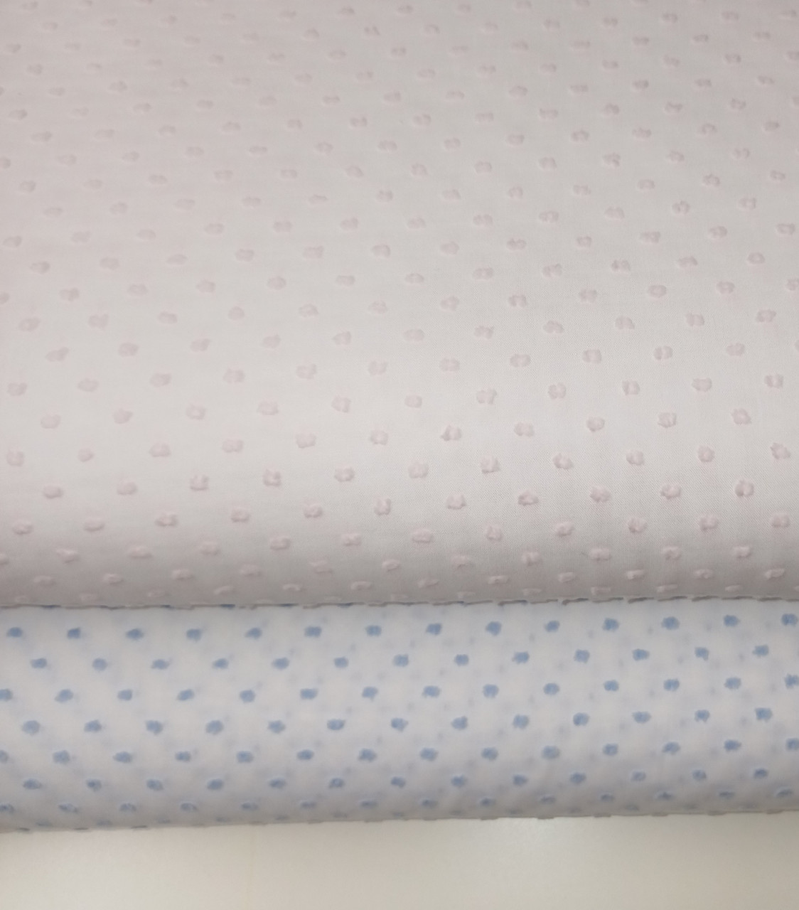 Swiss Plumetis 100% cotton in White with a blue or a pink dot 140 cm wide priced per metre