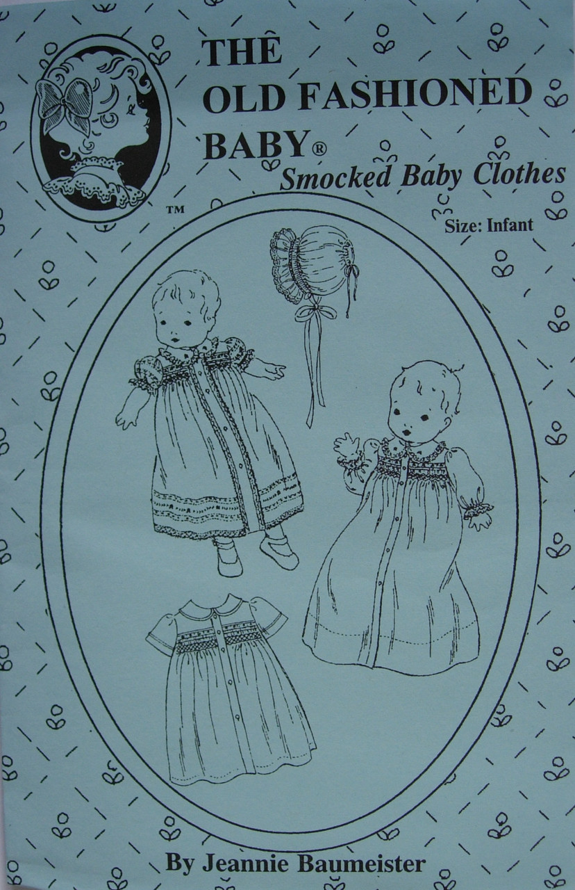 Patterns by The Old Fashioned Baby show charm and daintiness that belong to every baby.
This Smocked Baby Clothes pattern by the internationally known Needle Art teacher Jeannie Baumeister include - a pattern for a Smocked Daygown, Smocked Day dress, Baby Boy Nightshirt and a Bonnet.  Available in infant size which is suitable for a baby 7-16 lbs, Full instructions are given in this pattern, Suitable fabrics are Satin Batiste, Cotton Batiste, Imperial Batiste, Corsage, A smocking design is included but no dots
Order Yellow or Blue wide dots found under Haberdashery, Suitable lace can also be found on the Lace Page 