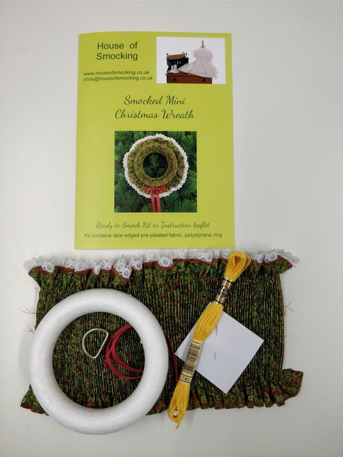 Ready to Smock Mini Christmas Wreath kit - Kit contains pre-pleated fabric, polystyrene ring, thread, needle, ribbon, step by step instructions and smocking design