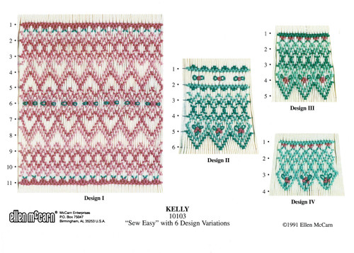 Kelly smocking plate by Ellen McCarn, Six Design variations, Suitable for a square yoke or insert,  A straight forward design, Suitable for a beginner