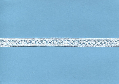 Shown here in white, A narrow insertion lace, ideal for using to attach to ribbon hole lace, beading or edging lace or straight to fabric, a very useful simple pattern which goes well with other laces, 
1 cm wide, 95% cotton 5% nylon, Available in White, Off White and Ecru, Priced per metre