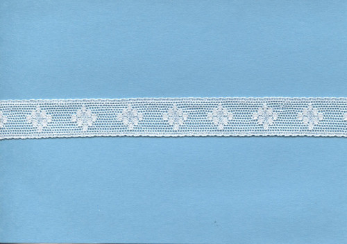 A matching diamond design edging lace and a wide edging lace are also available, attach to edging lace, beading or fabric, 1.7 cm wide priced per metre, 95% cotton 5% nylon
Available in White, White and ecru
