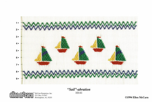 Sail-abration is an easy picture smocking plate, suitable for beginners, 5 small multi coloured yachts, or just put one on a pocket