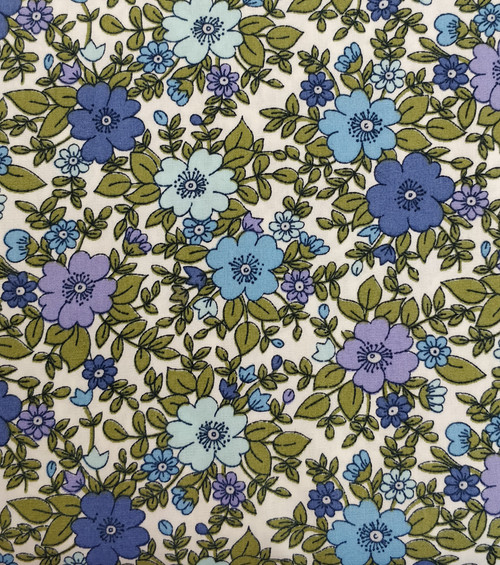 A lovely floral fabric in soft shades and blues and purples, Ideal for dresses, shorts, skirts, shirts and more, 100% cotton, 112 cm wide, Wash at 30 degrees, Priced per metre, See photos for matching piping and threads, Fabric Samples R&S C