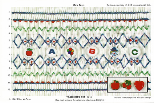 A geometric smocking design by Ellen McCarn, Buttons not included, Alternative Apple, Strawberry or Heart designs included, Fairly easy