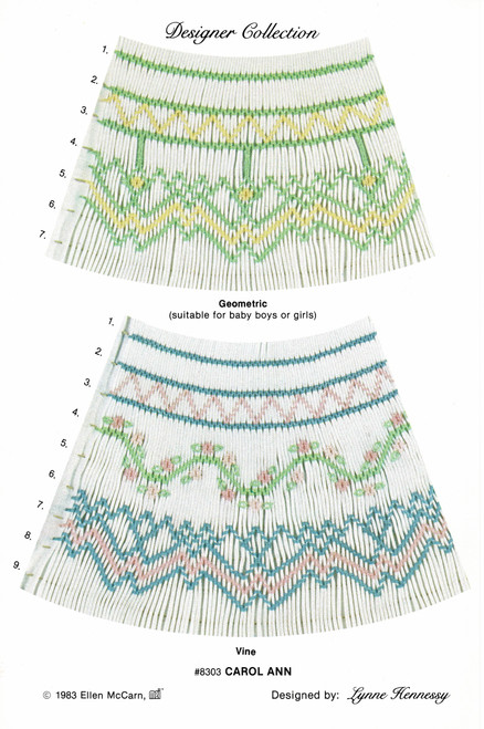 Two very pretty geometric smocking plates from the designer collection by Lynne Hennessy by Ellen McCarn, Geometric design suitable for boys or girls
Alternative design with a pretty vine design