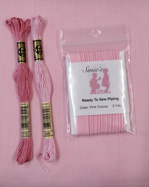 Pink pin feather baby cord shown here with suggested matching piping and thread colours 