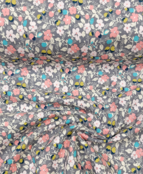 A winter weight peach & grey floral print, 100% cotton flannel, 140 cm wide, Ideal for skirts and winter pinafores, Wash at 30 degrees, 
Priced per metre, Fabric more like winceyette to me