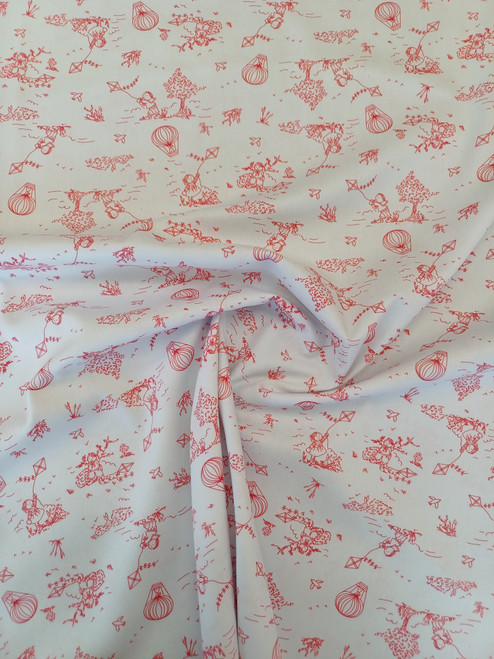 A really lovely quality red on white fabric, Cute Kites and birds, 100% cotton, 150 cm wide, Ideal for dresses, blouses, shorts and so much more, 
Wash at 30 degrees, priced per metre