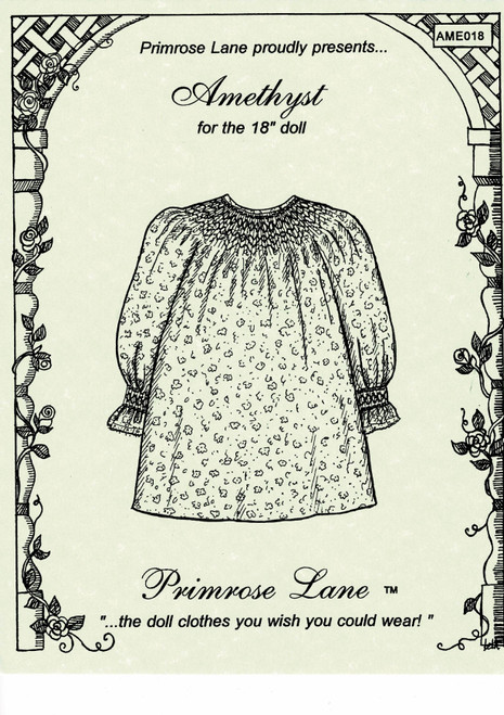Amethyst is a bishop dress for an 18" doll, This timeless classic features hand smocking and a delicate lace edging at the cuffs, Because of its design, the bishop dress is an excellent choice for those hard to fit dolls, Smocking design included, This is a fairly simple pattern suitable for beginners with basic experience. Transfer Dots are not provided but 'G' is suitable for fine fabrics or 'H' for heavier fabrics, Use Blue wide or Yellow Dots if your fabric is dark