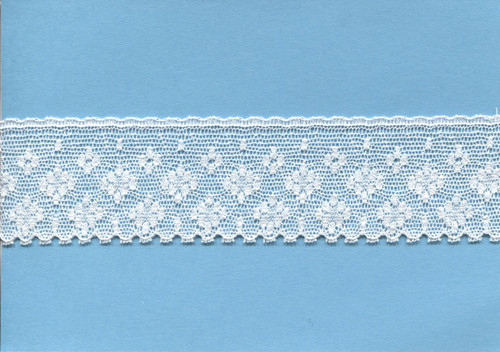 A wide edging lace with a diamond design shown here in white  a lovely finish for hemlines and cuffs, 3.5 cms wide, priced per metre, 95% cotton 5% nylon, Available in white, off white and ecru, 
priced per metre