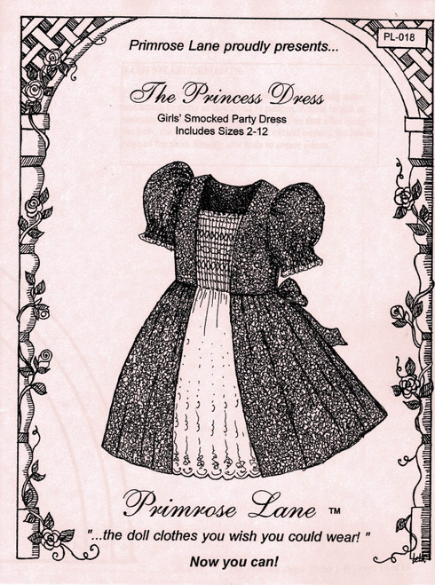 This dress is a little girls dream and features a smocked front insert,  Lace trimmed cuffs, Full puffed sleeves, Lace edged smocked cuffs, Sizes 2-12 years, Does not include a smocking design or dots