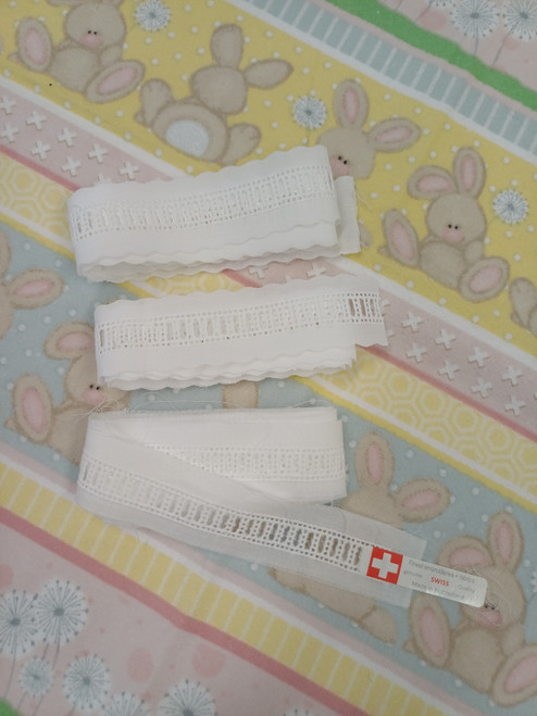 Swiss ladder entre deux, 3 end of card pieces, 1 x 1.07 metres, 1 x 81 cm, 1 x 91 cm, All 100% cotton, 2.5 cms wide, 1 cms from entre deux edge to entre deux edge