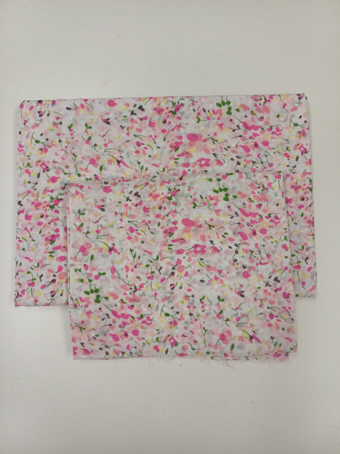 Two end of roll pieces of a pretty pink floral corsage, tiny cut spot detail, 100% cotton, will go through a smocking pleater, 1m x 140 cm, 57 cm x 140 cm, Wash at 30 degrees
