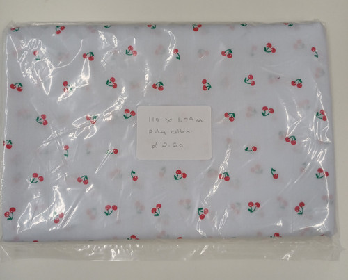 Polycotton with cherry design, 35% cotton 65% polyester, 1.79 metre x 110 cm piece, Wash at 30 degrees