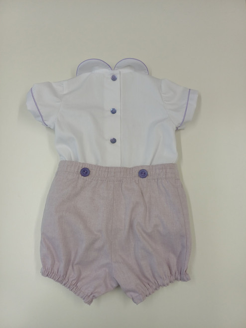 Back view of button on suit size 6-12 months - no returns, White cotton poplin shirt with lavender and white hand smocking, Cotton lined lavender sun-washed chambray button on pants
Elastic at the back waist and legs, Wash at 30 degrees