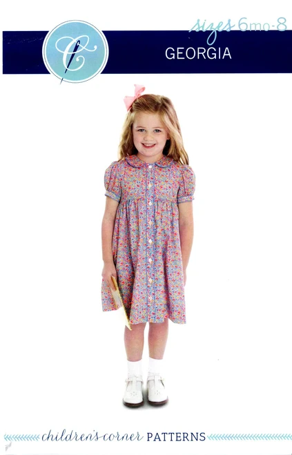 Georgia is a timeless dress with polished details and classic charm, The dress buttons down the front on a piped placket, The gathered skirt can be lined or unlined, The unique collar and cuff create a fresh tailored look, Sizes 6 month to 8 years, Suggested fabrics, Light to medium-weight woven fabrics like broadcloth, chambray, Needlecord, lawn or pique